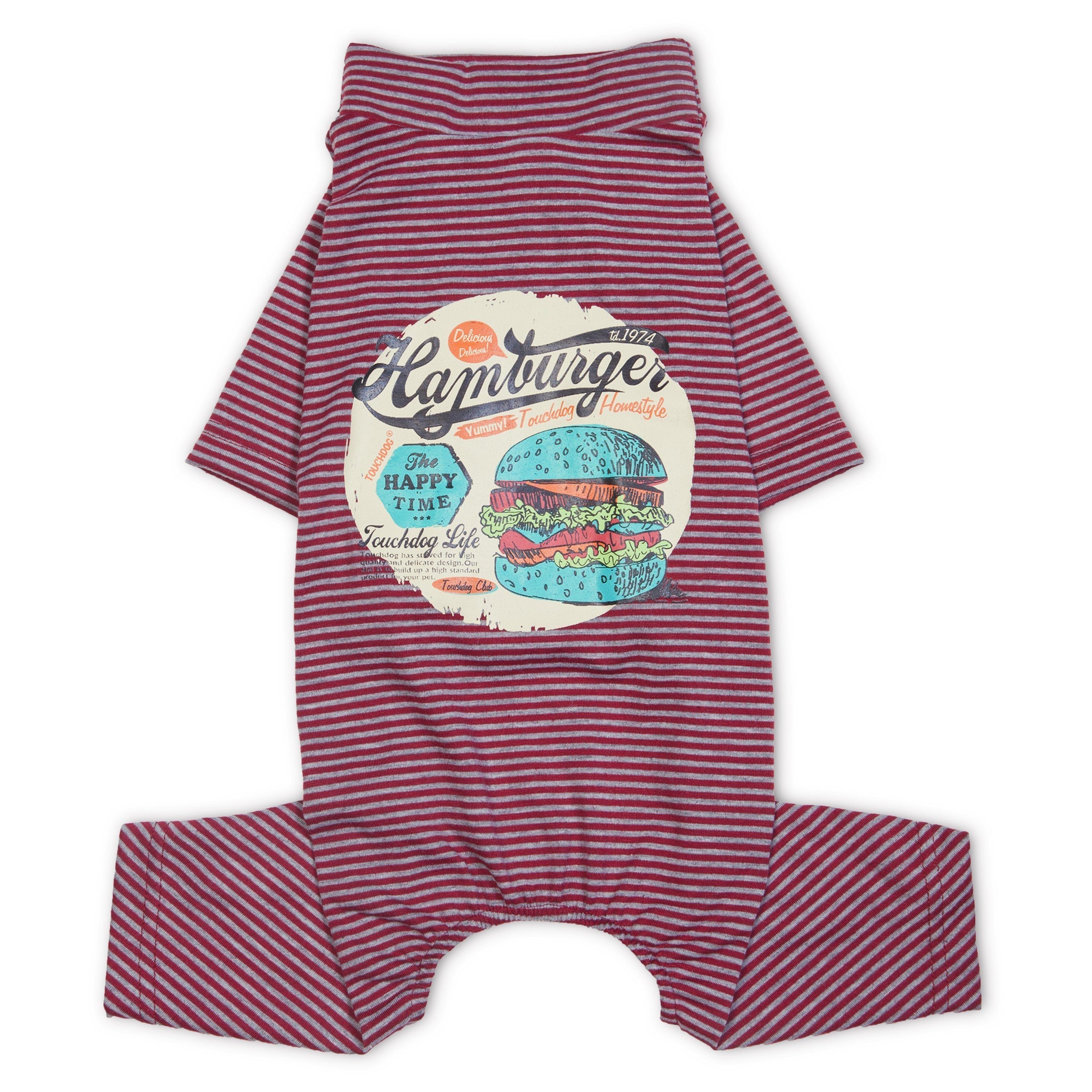 Lightweight dog onesie pajama in red with white stripes and front burger graphic