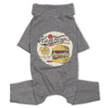 Lightweight dog onesie pajama in grey with thin navy stripes and front burger graphic