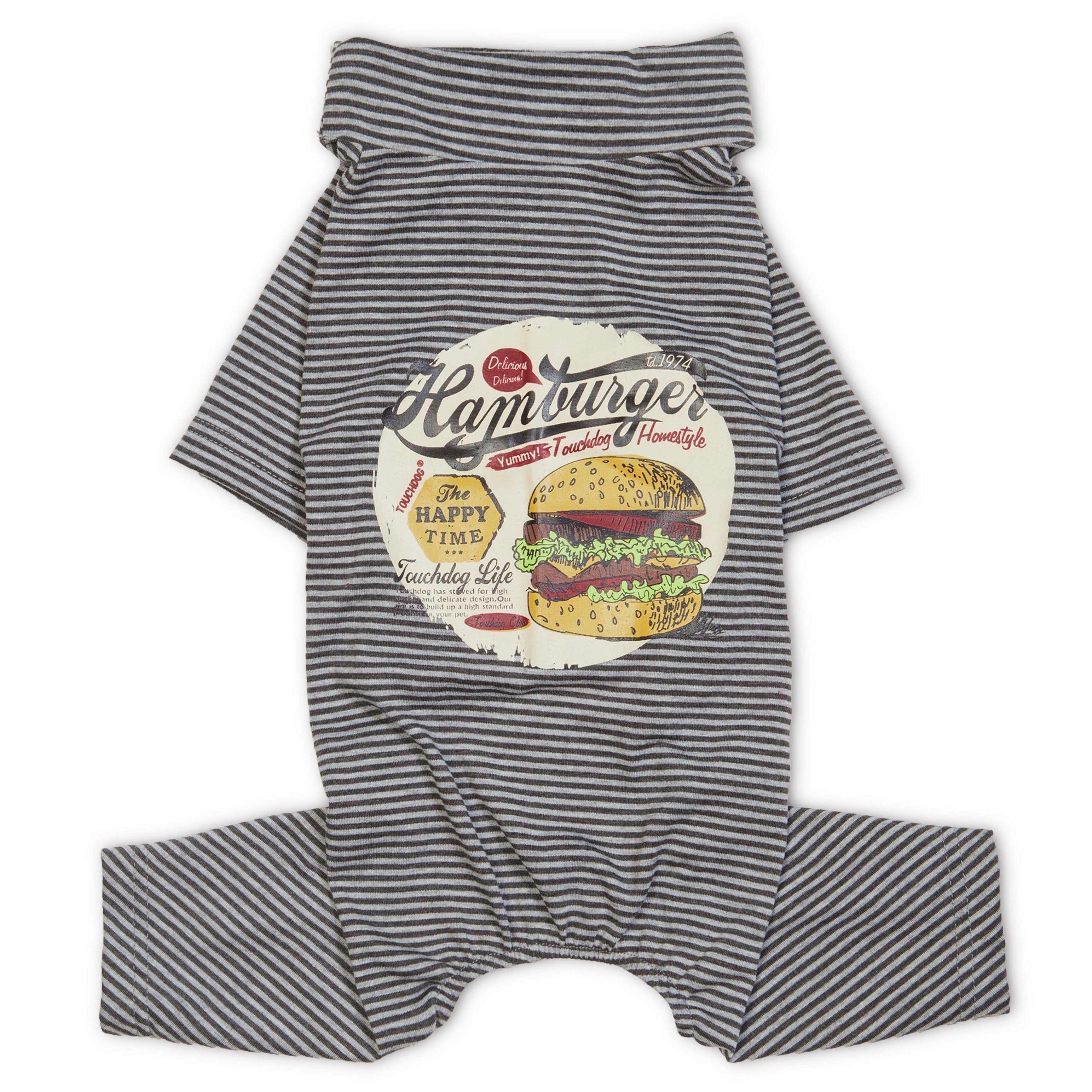 Lightweight dog onesie pajama in grey with thin navy stripes and front burger graphic