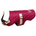 Deep red dog coat with white fleece trim, quilted body, and adjustable belt