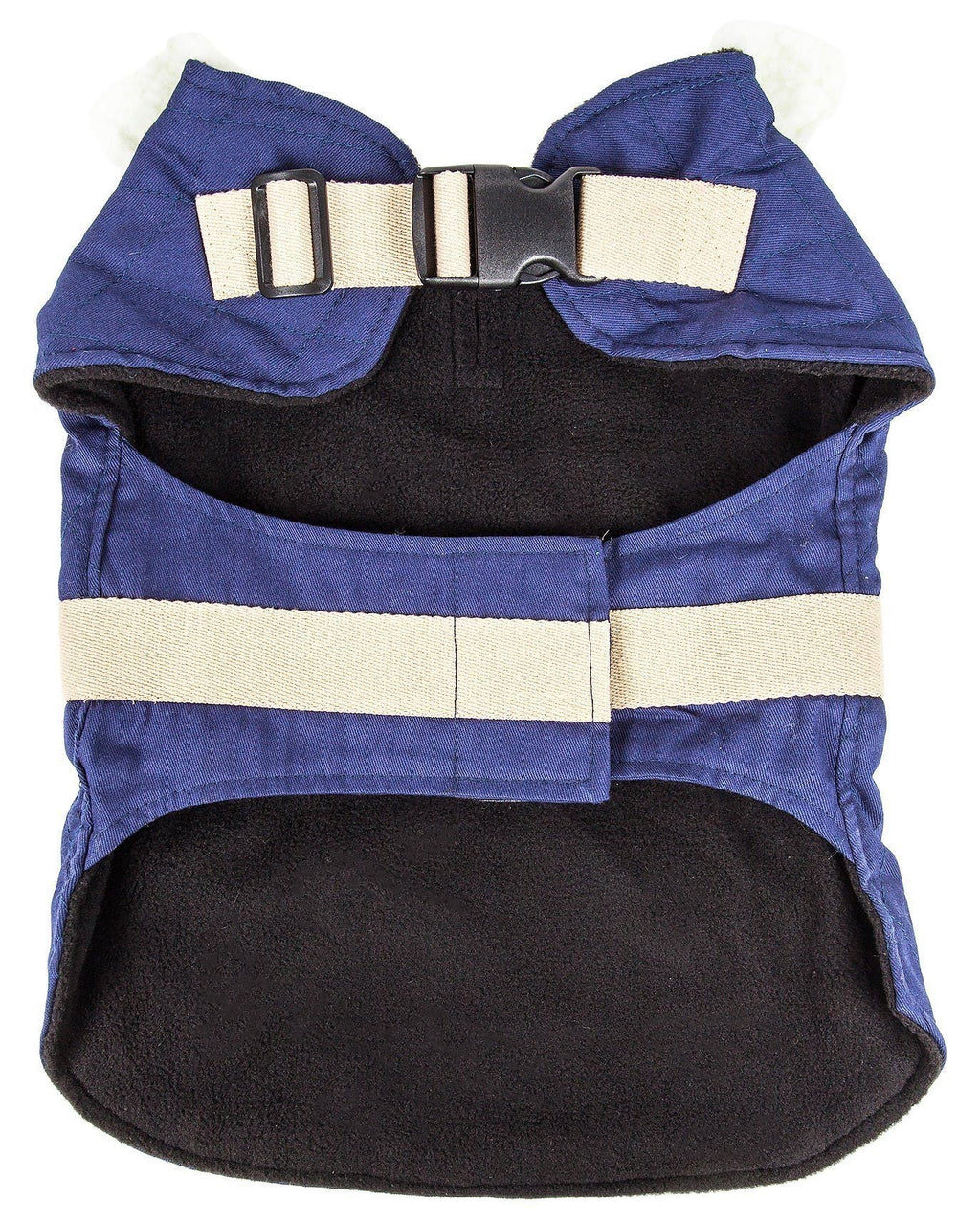 Blue and black dog coat with tan belt, snap closure, and fleece trim at neck