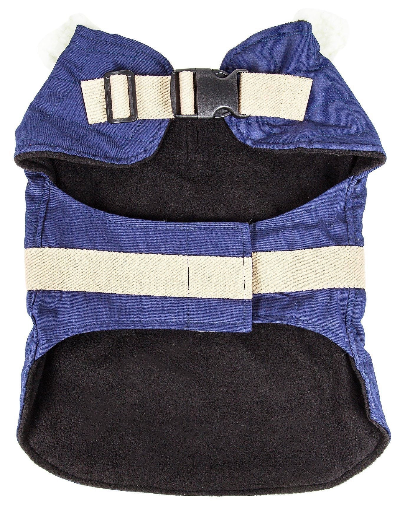 Blue and black dog coat with tan belt, snap closure, and fleece trim at neck