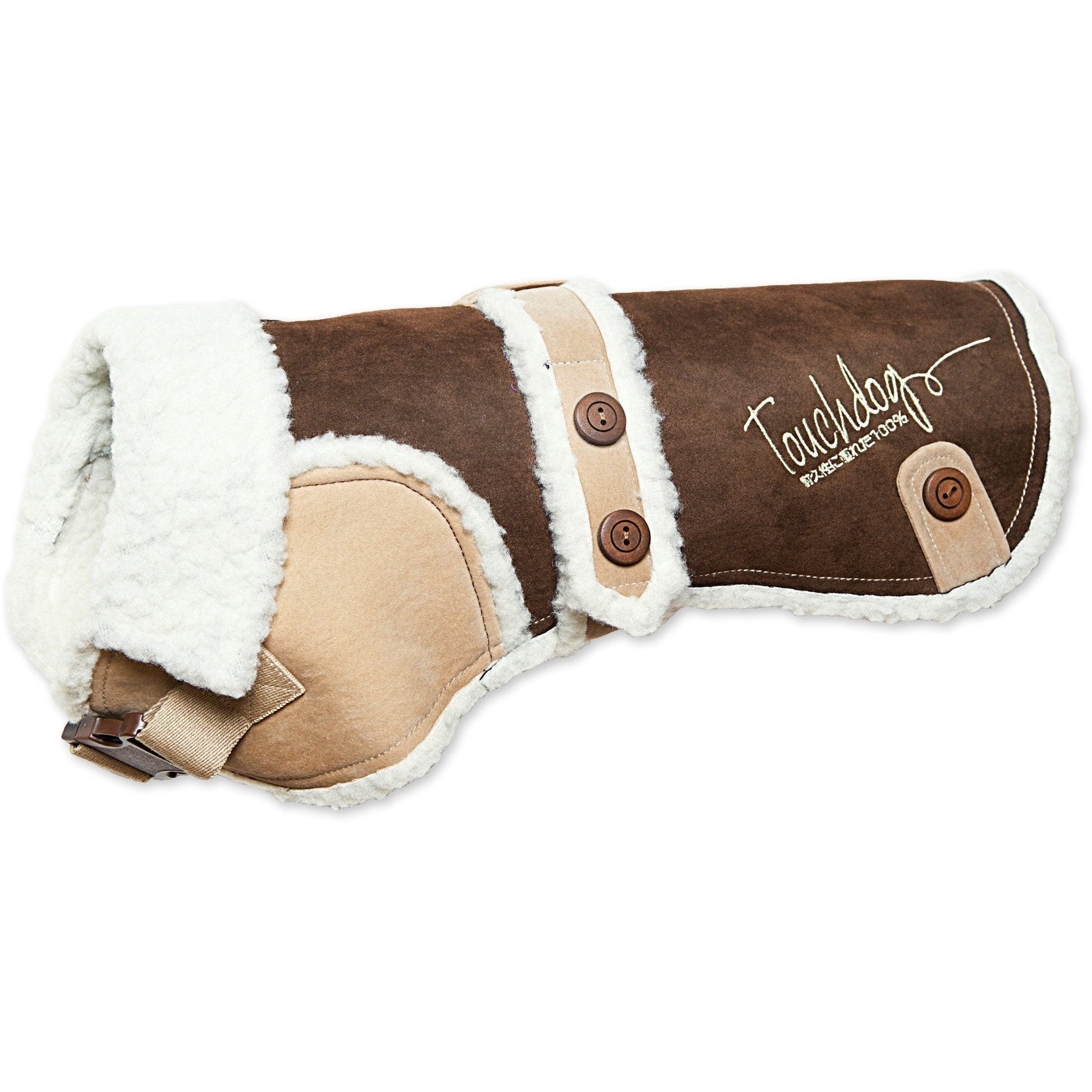 Sherpa-lined dog coat with brown quilted outer, tan straps, and button closures