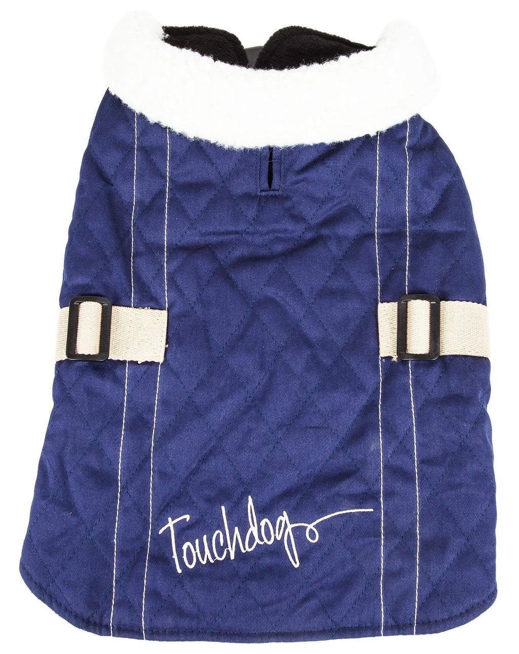 Blue dog coat front view with fleece hood lining, tan vertical straps, and logo text