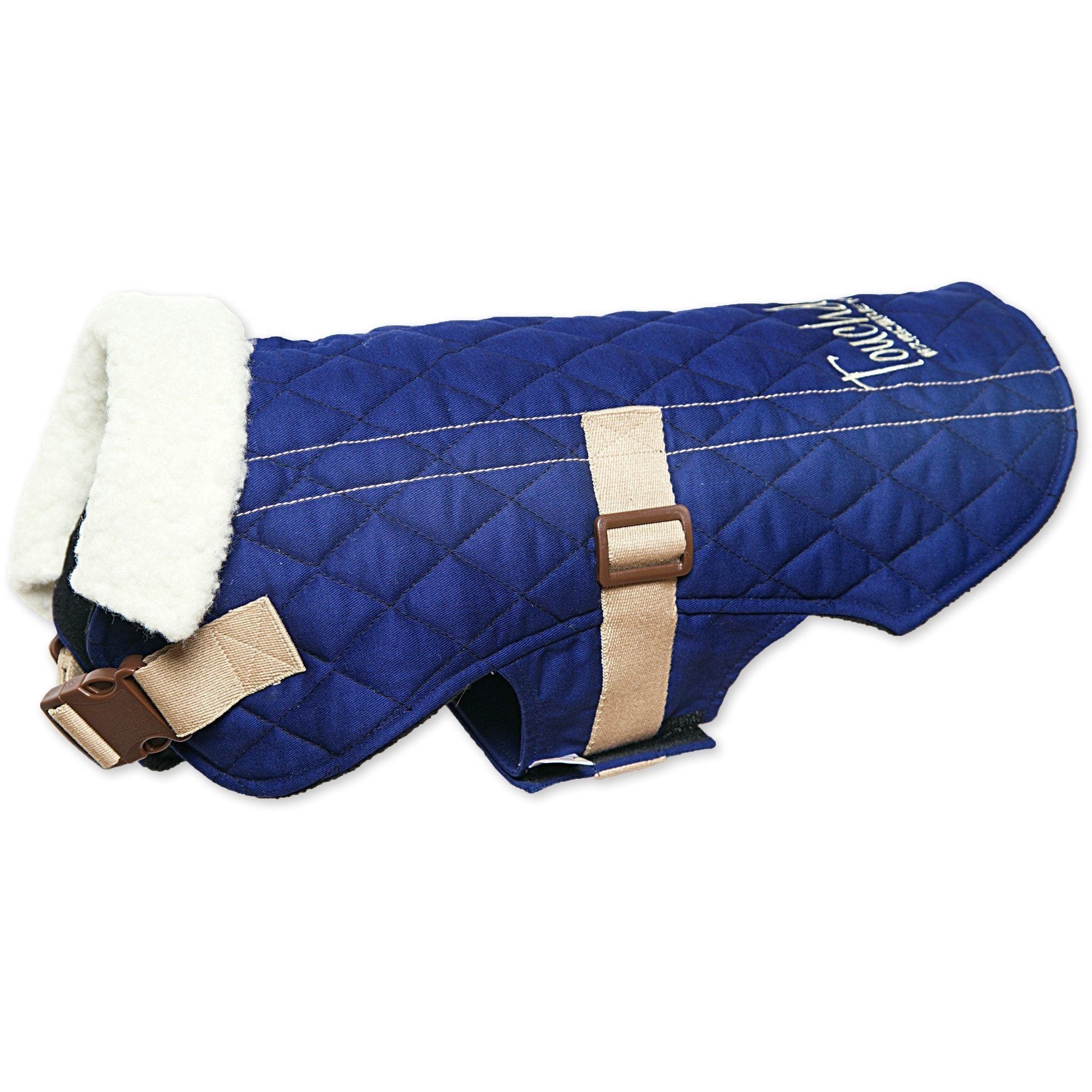 Royal blue sherpa-lined dog coat with tan belt and snap-button closure