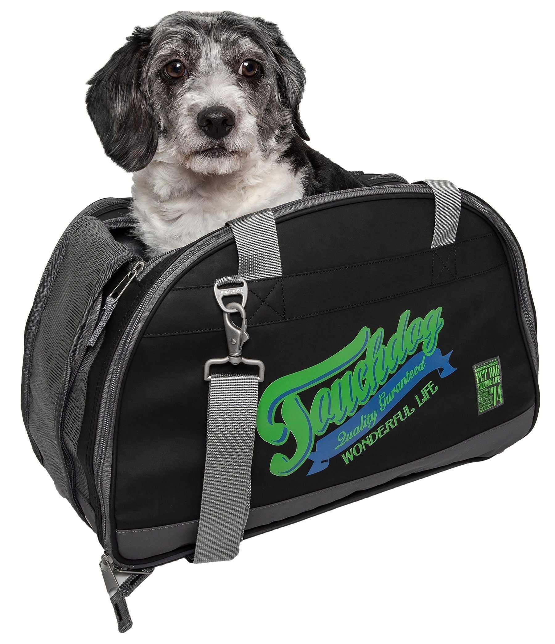 Black airline-approved dog carrier with front zipper and gray adjustable shoulder strap