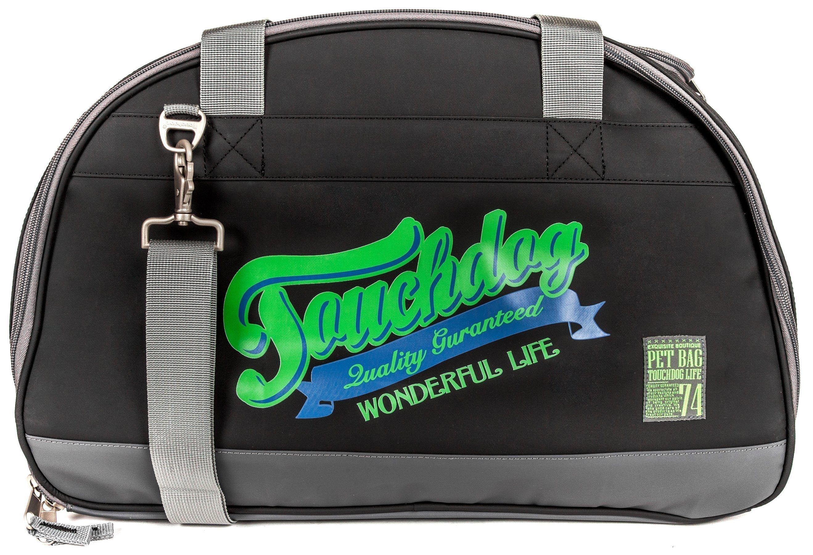 Black airline pet carrier with gray trim, front logo panel and zippered top opening