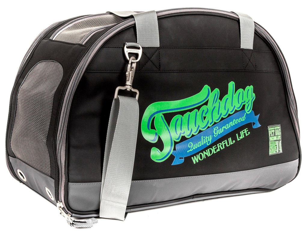 Black airline travel dog carrier with front logo, gray shoulder strap, gray base trim