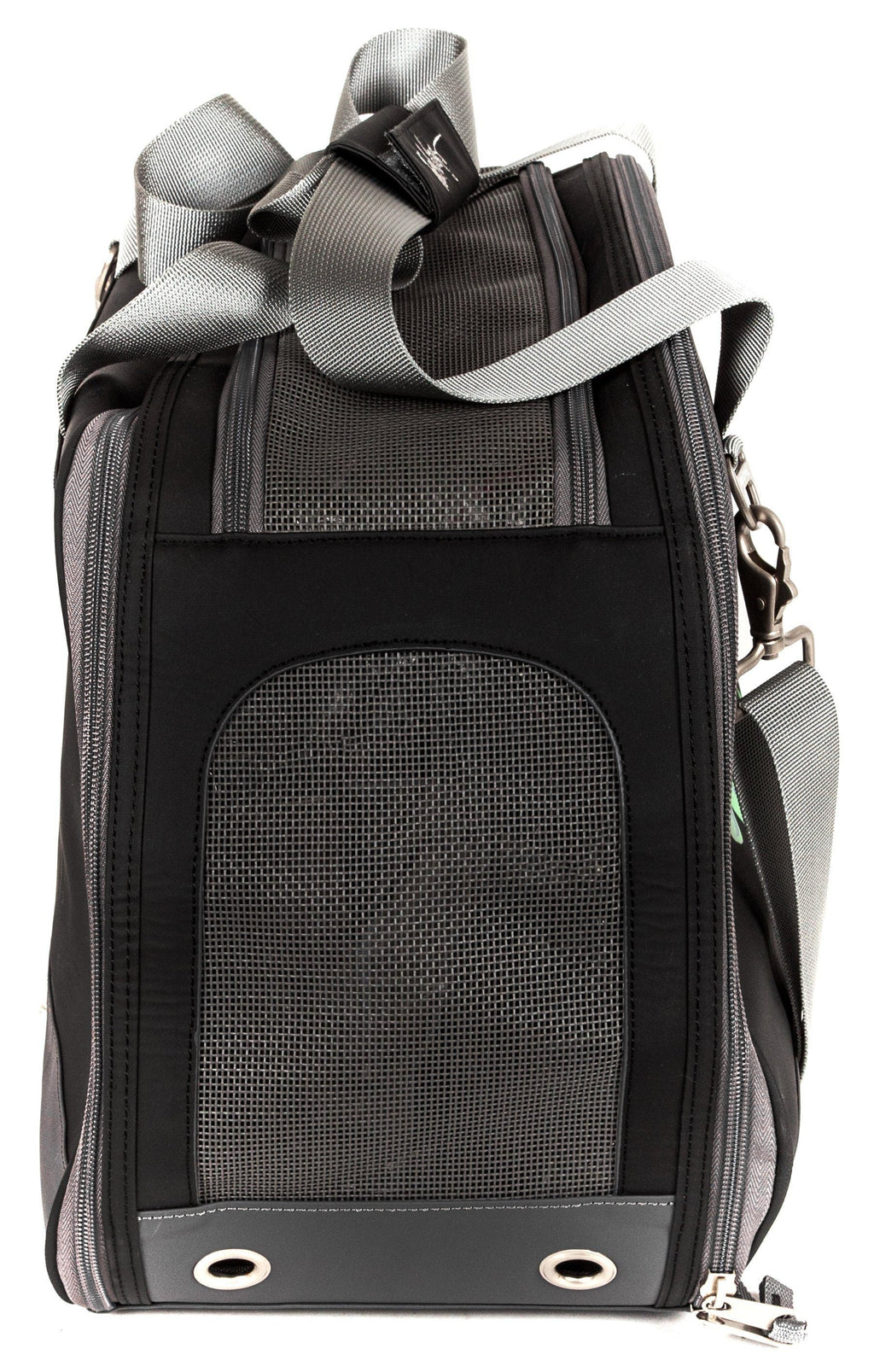 Black dog carrier with mesh front panel, gray handles and adjustable shoulder strap