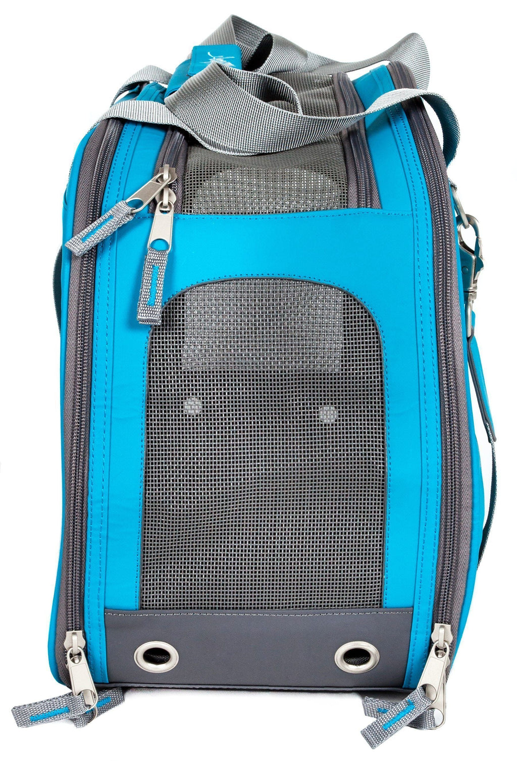 Blue dog carrier side view with mesh ventilation panel and top handle straps