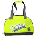Neon green airline-approved dog carrier side view with gray straps and front zipper