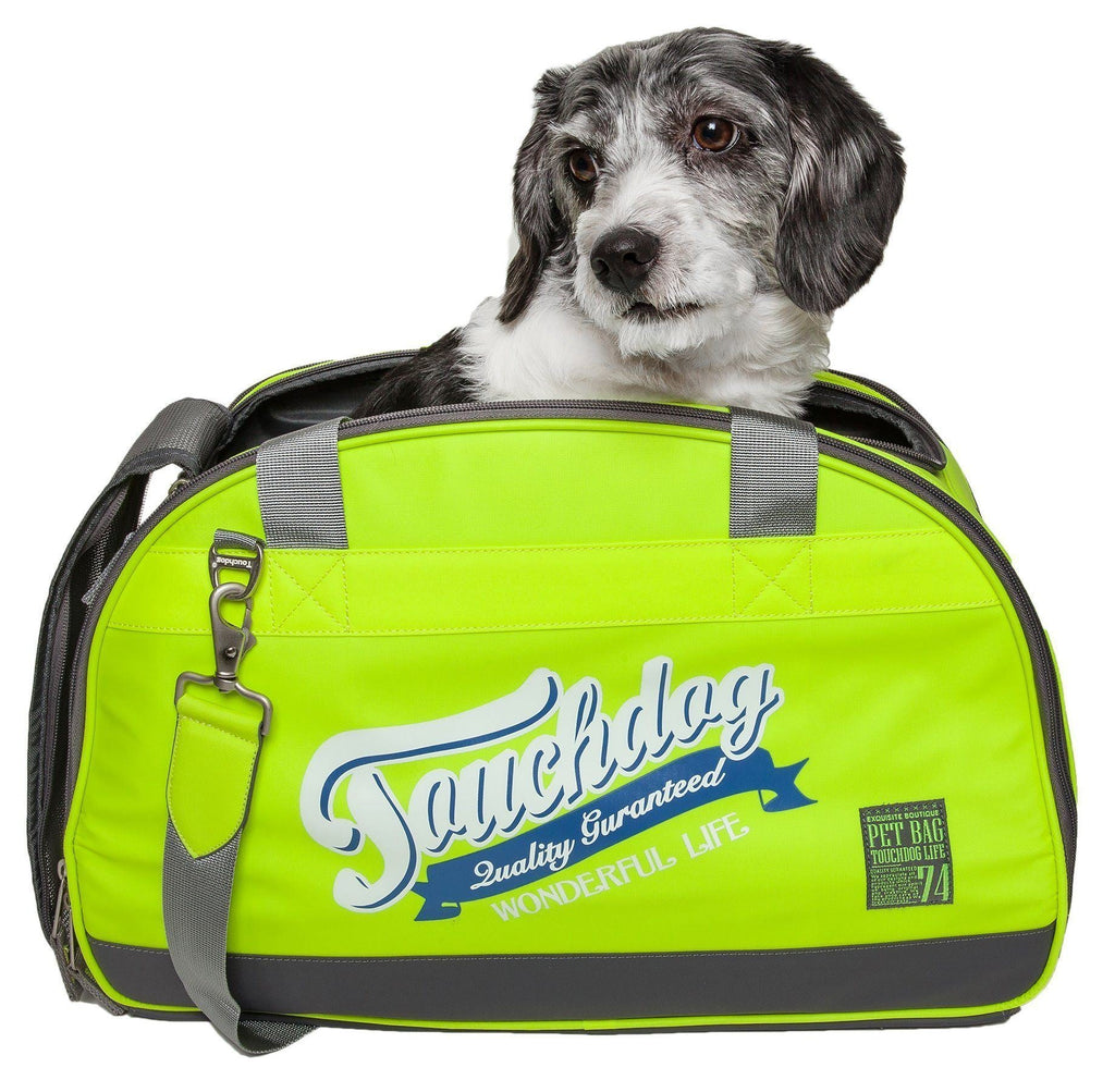 Neon green airline-approved dog carrier with gray straps and front zipper