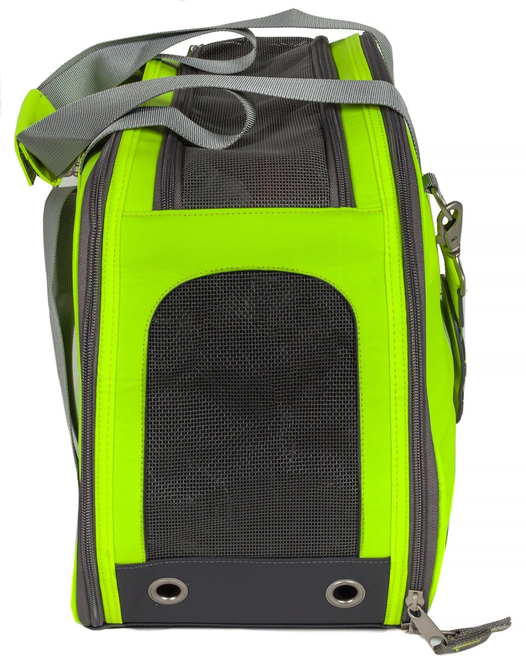 Yellow-green dog carrier with mesh ventilation panel, gray straps and top handle