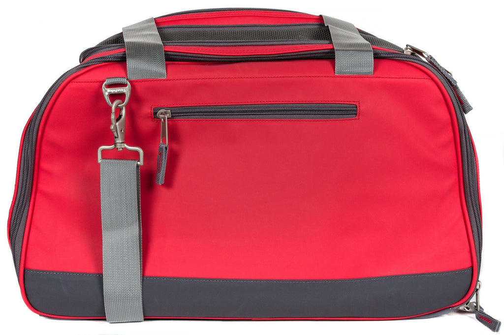 Red airline-approved dog carrier back view with gray straps and top zip pocket
