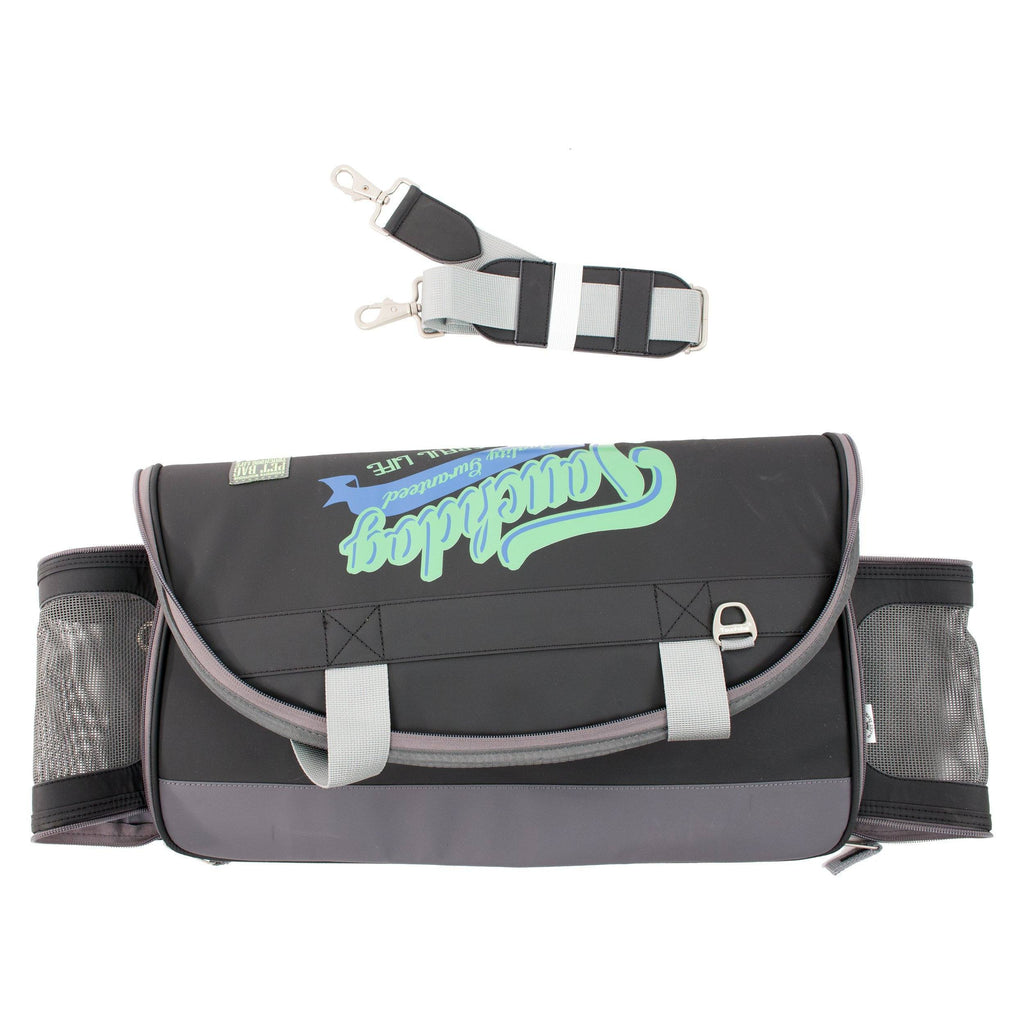 Black dog carrier with gray trim, front zip pouch and top carry handle loops