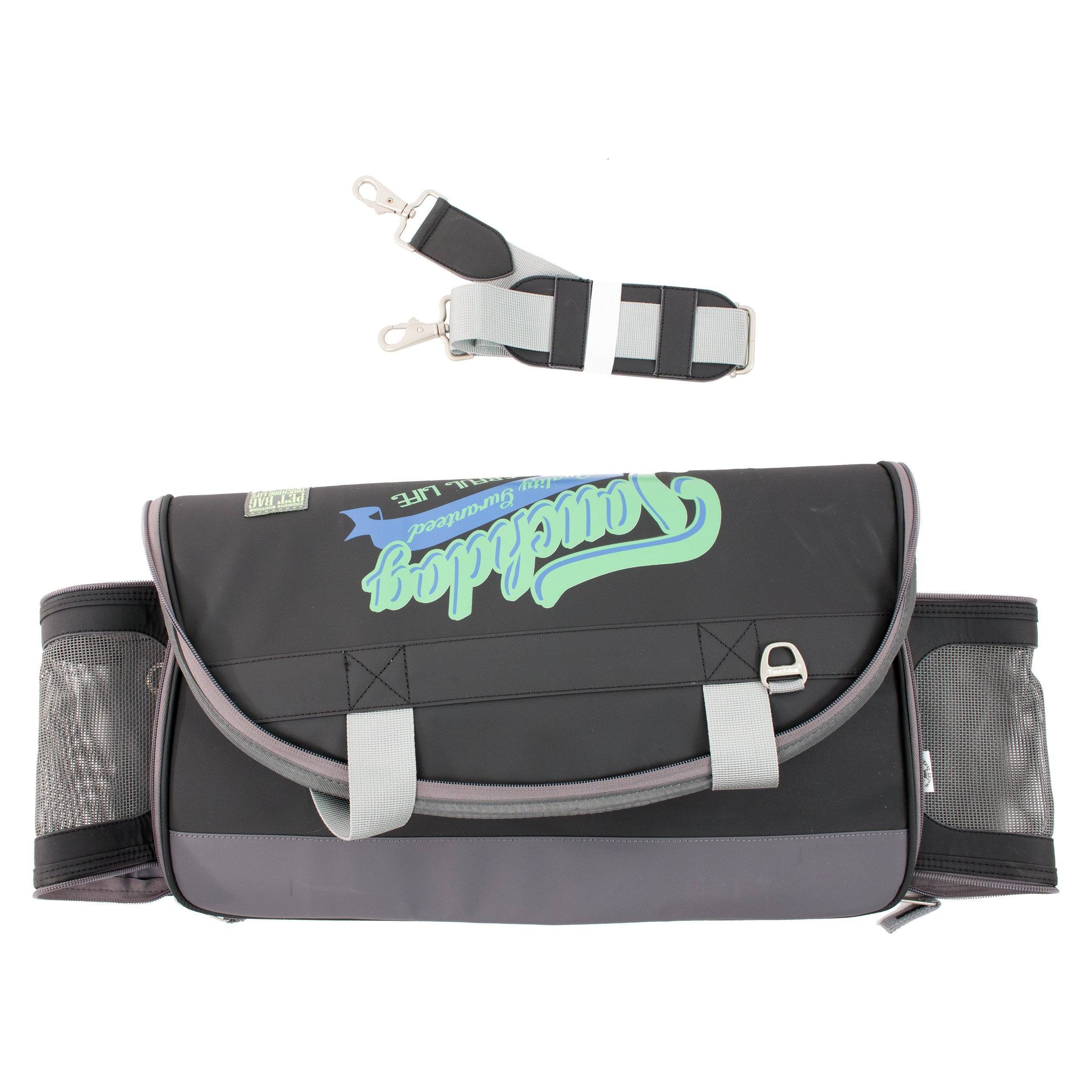 Black dog carrier with gray trim, front zip pouch and top carry handle loops