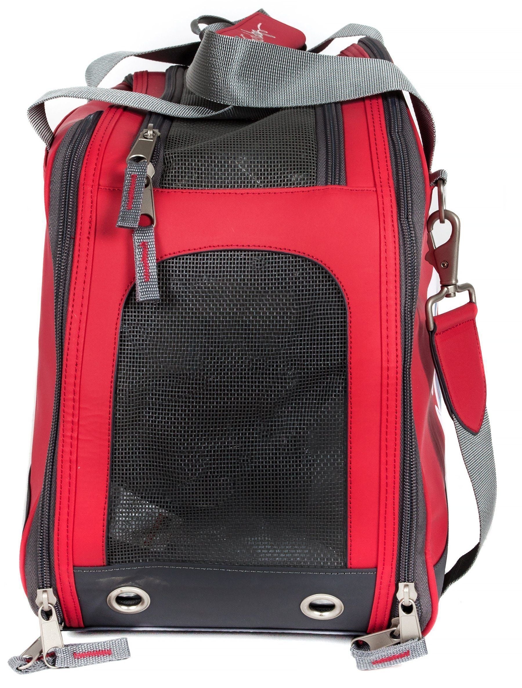 Red dog carrier side view with mesh ventilation panel and gray top handle straps