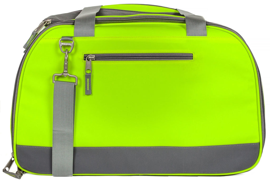 Neon green airline-approved dog carrier back view with gray straps and top zipper