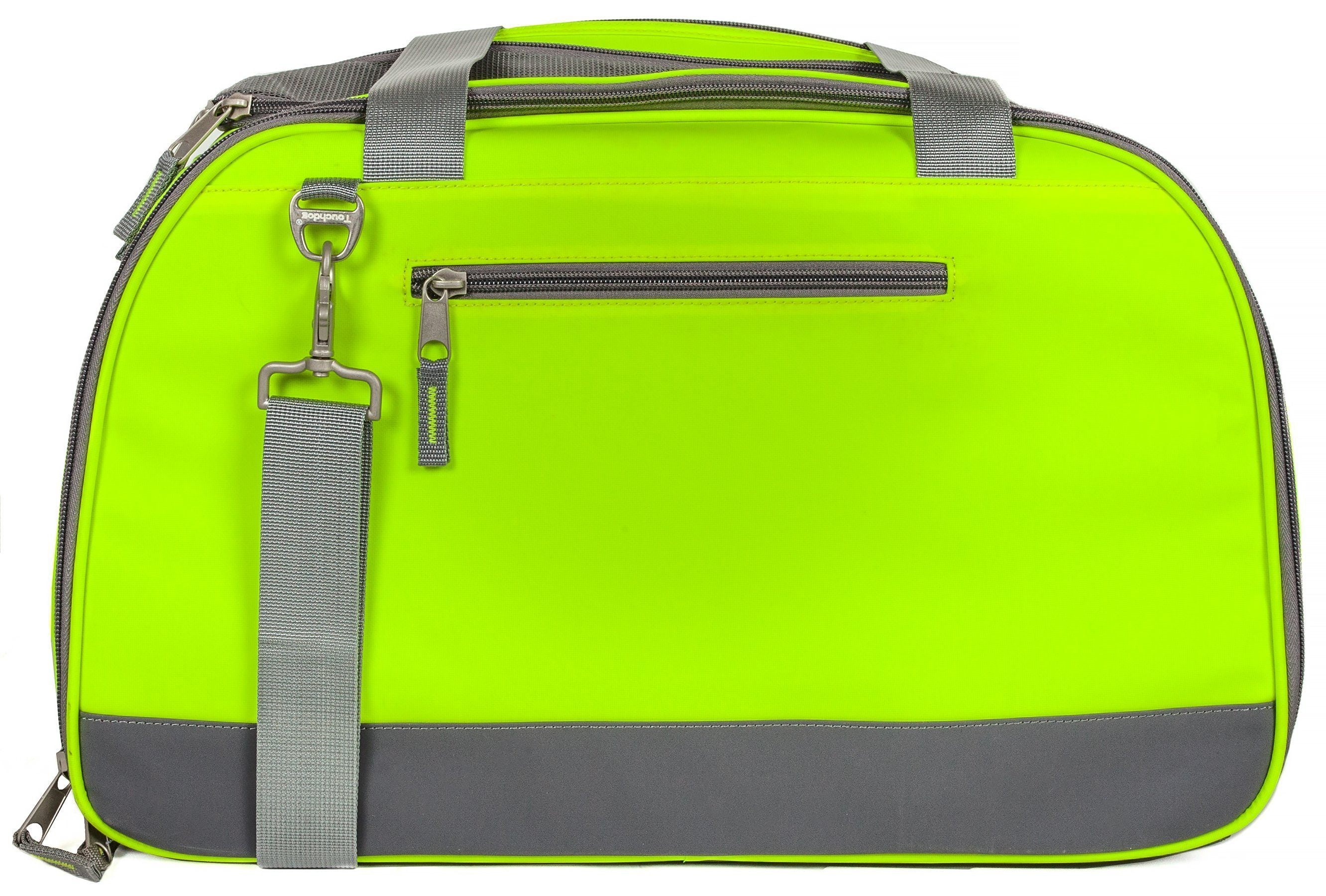 Neon green airline-approved dog carrier back view with gray straps and top zipper