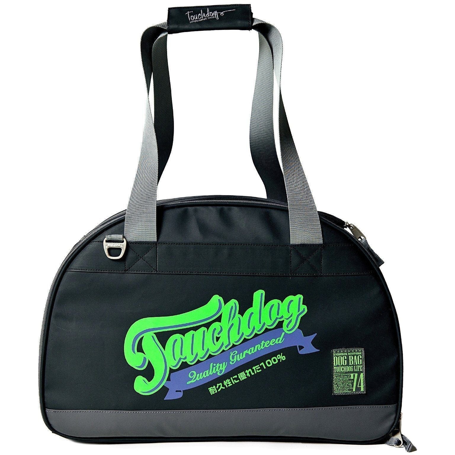 Black airline-approved dog carrier front view with green logo and gray carry strap