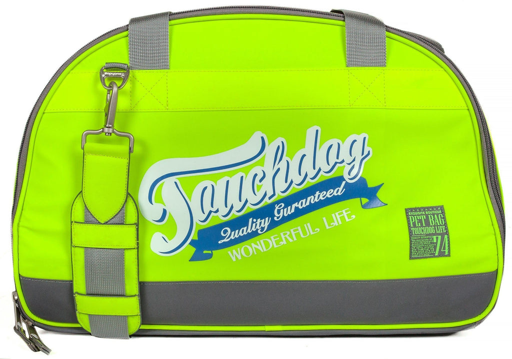 Yellow-green airline travel dog carrier with front logo, gray shoulder strap, zipper front
