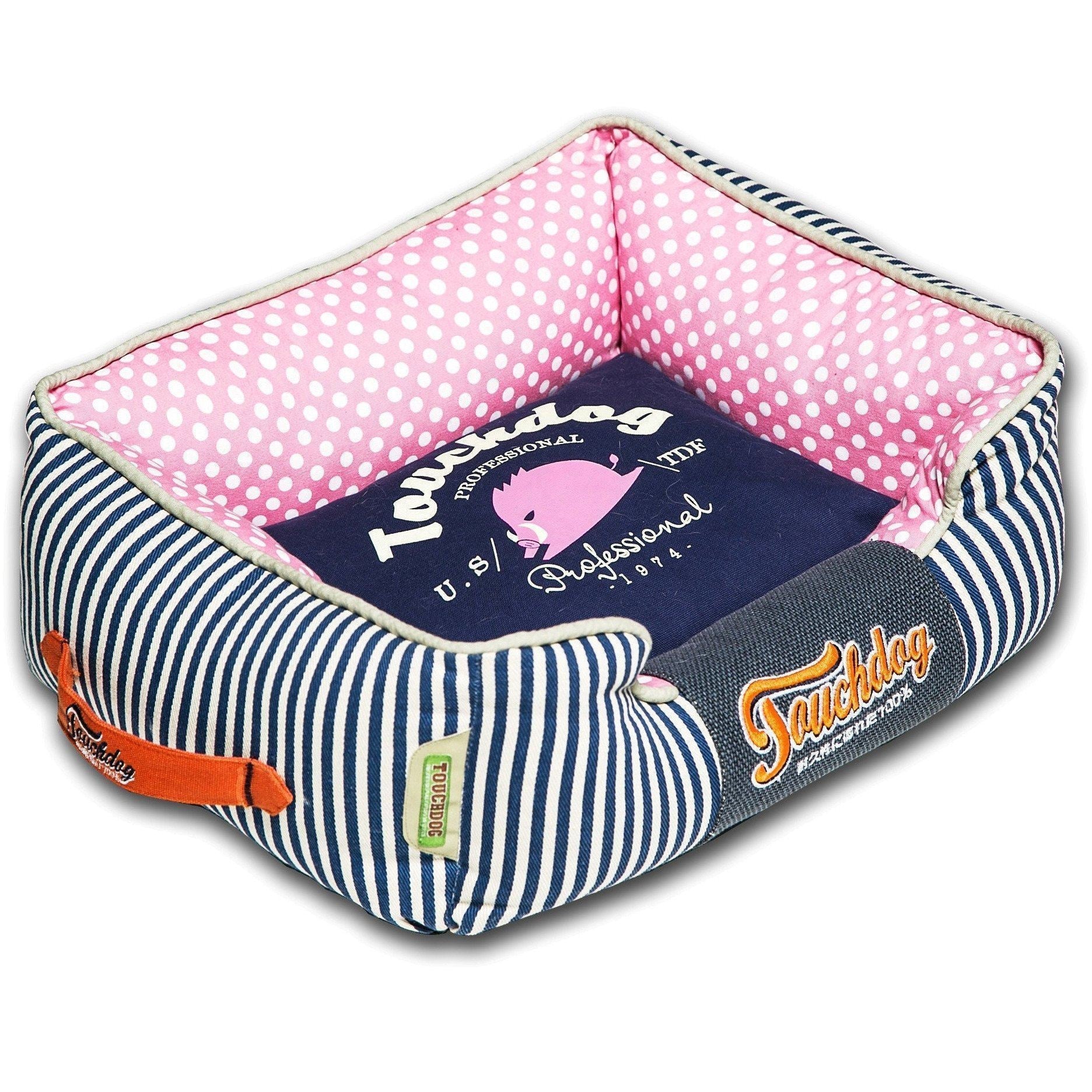 Rectangular dog bed with navy striped sides and pink polka-dot inner cushion