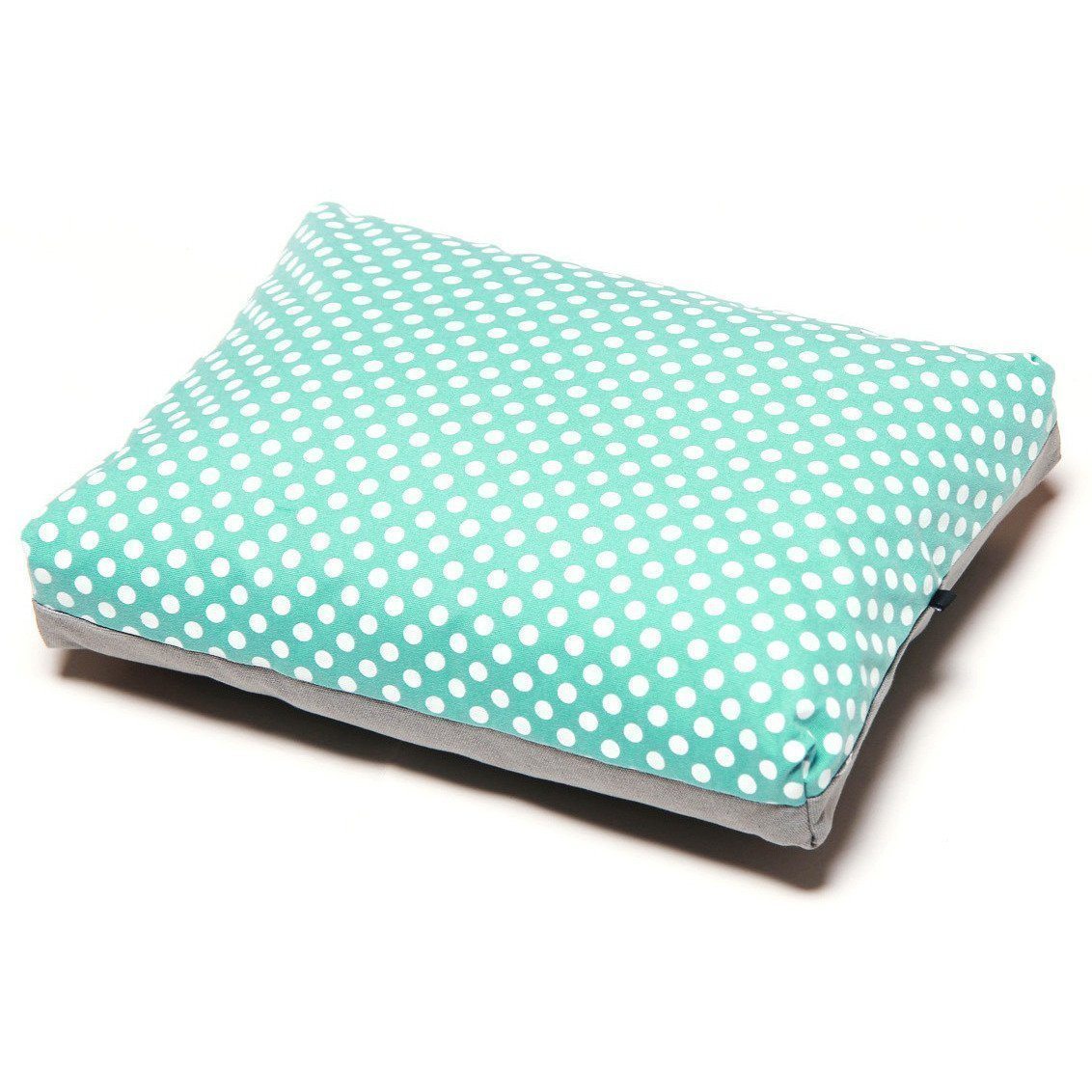 Teal polka-dot rectangular dog bed cushion with gray base border