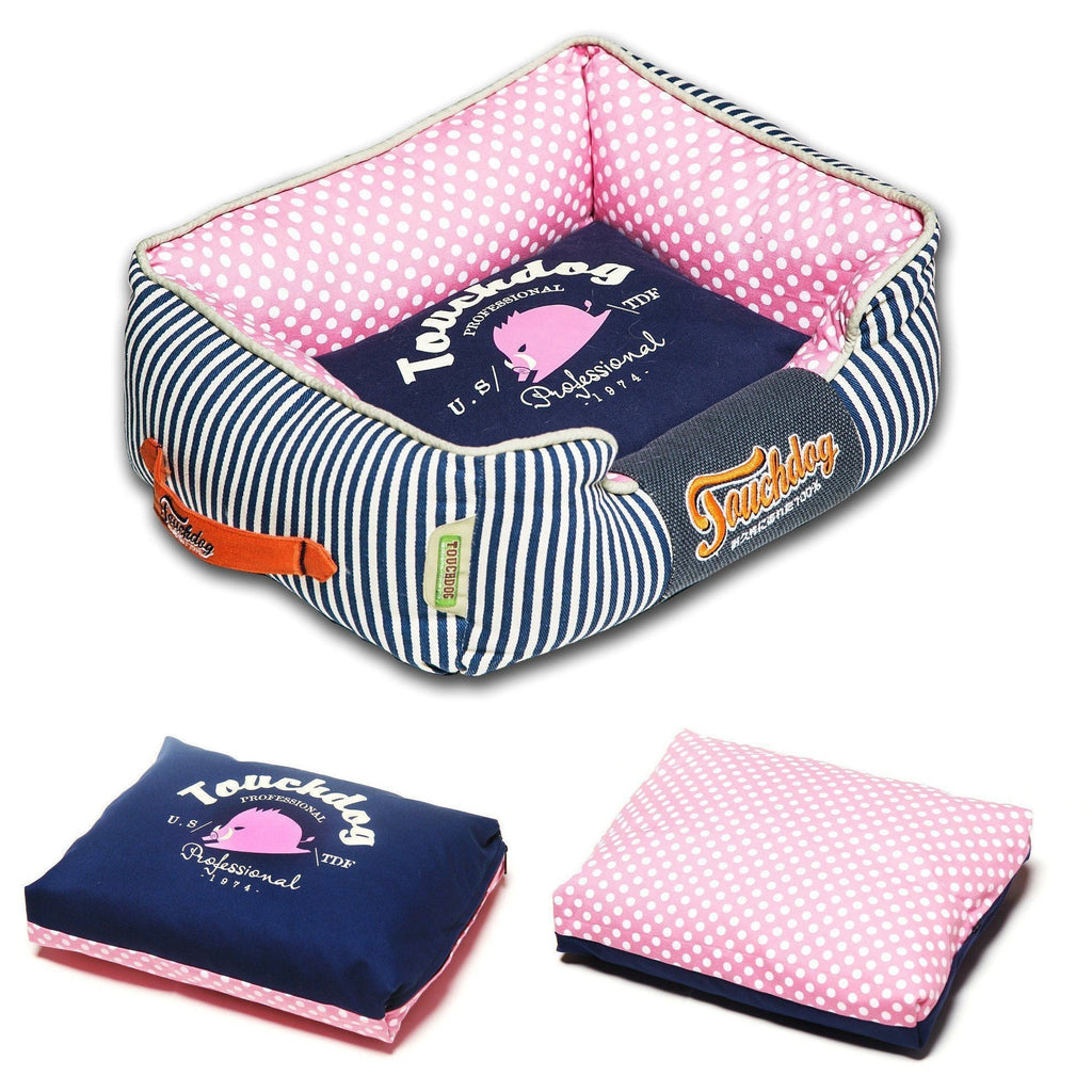 Touchdog rectangular dog bed: navy stripes with pink polka-dot inner cushion
