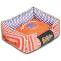 Rectangular dog bed with orange inner cushion, purple polka dots, and red-and-white stripes
