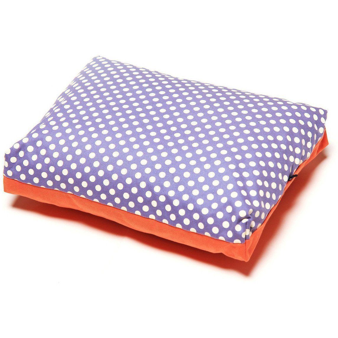 Purple polka-dot rectangular dog bed cushion with orange base border