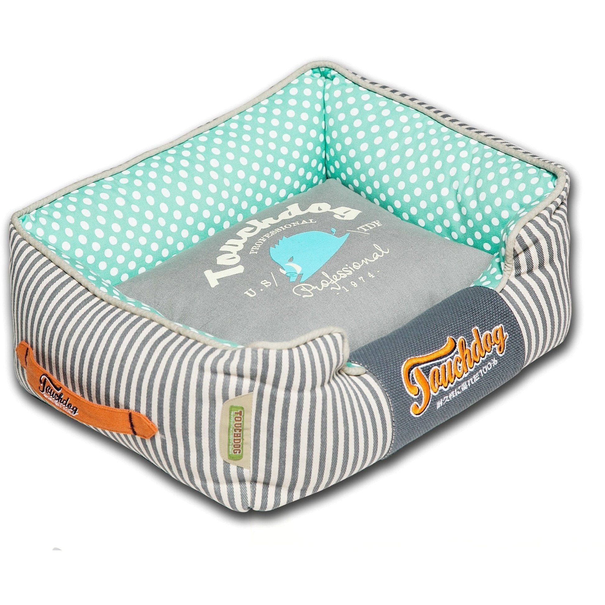 Rectangular dog bed with teal polka-dot inner cushion and gray-and-white striped sides