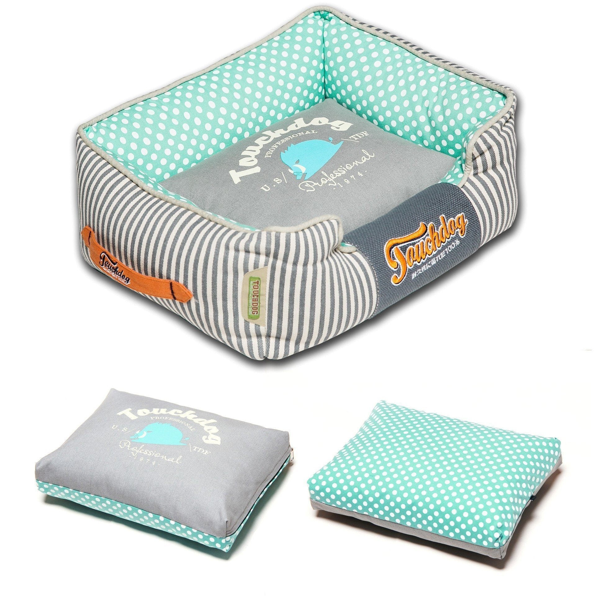 Rectangular dog bed with gray cushion, teal polka-dot lining, and striped sides