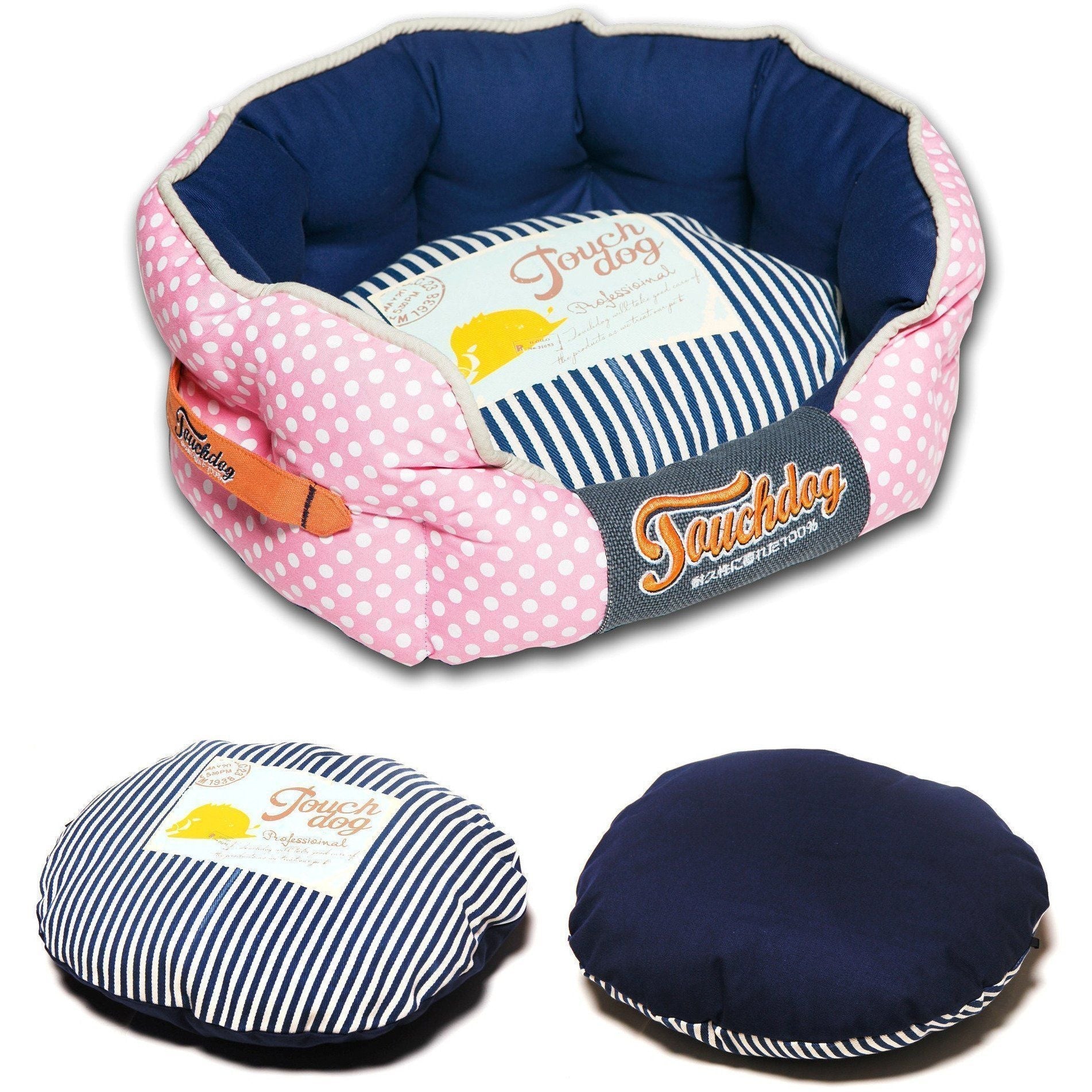 Rounded dog bed with pink polka-dot sides, navy interior, striped insert, logo front panel