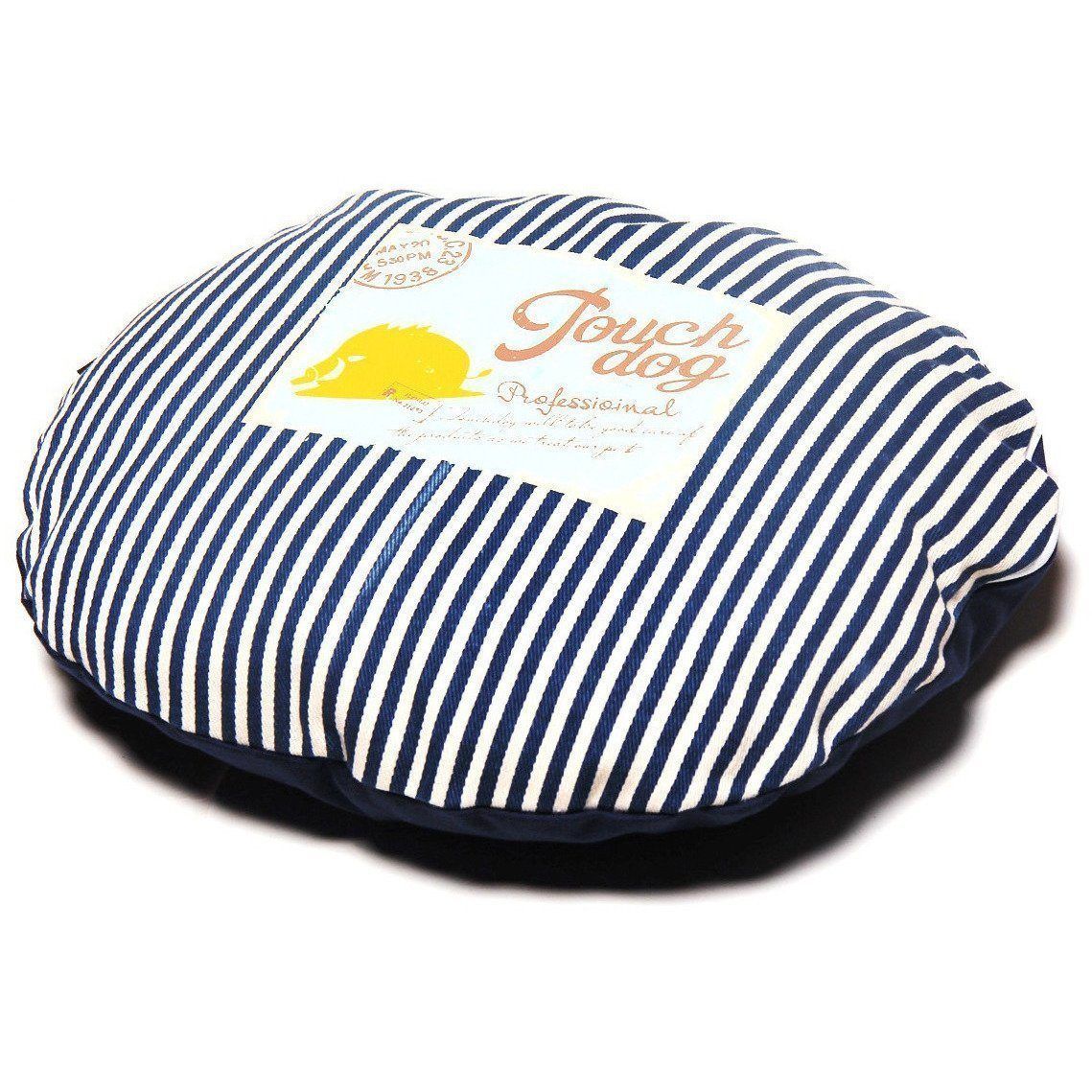 Round dog bed top with navy-and-white vertical stripes and dark blue fabric bottom