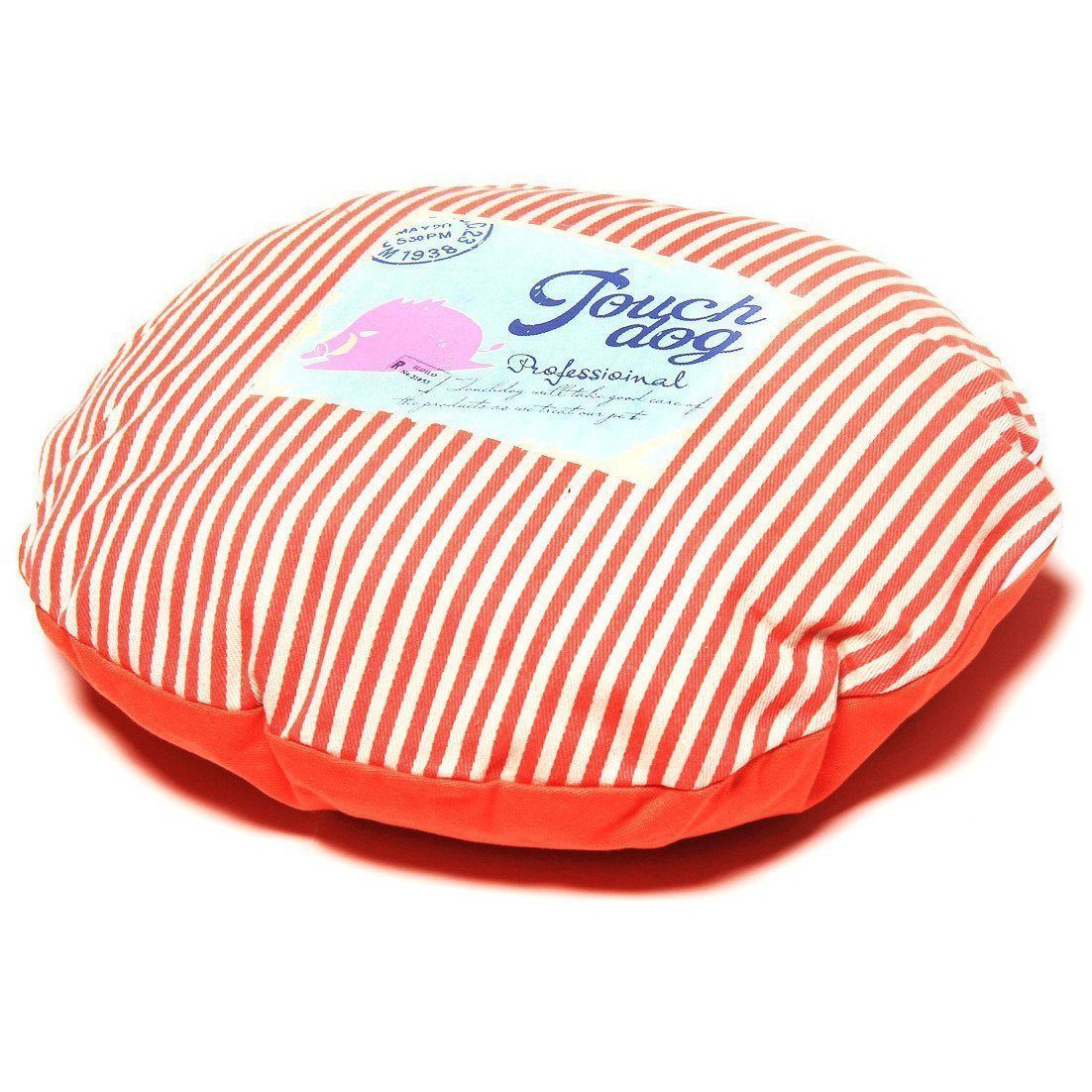 Round dog bed top with orange-and-white vertical stripes and coral fabric base
