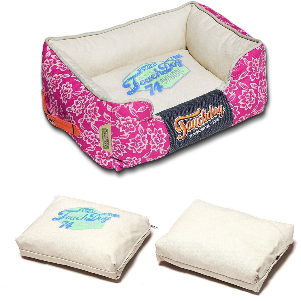 Touchdog Rose-Pedal Patterned Premium Rectangular Designer Dog Bed — Washable Cushion, M & L, 2 Colors