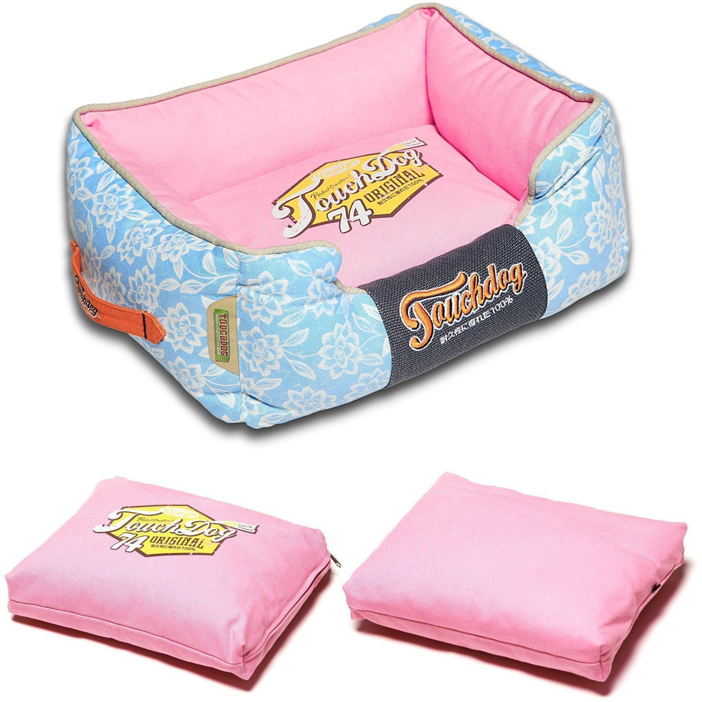 Touchdog Rose-Pedal Patterned Premium Rectangular Designer Dog Bed — Washable Cushion, M & L, 2 Colors
