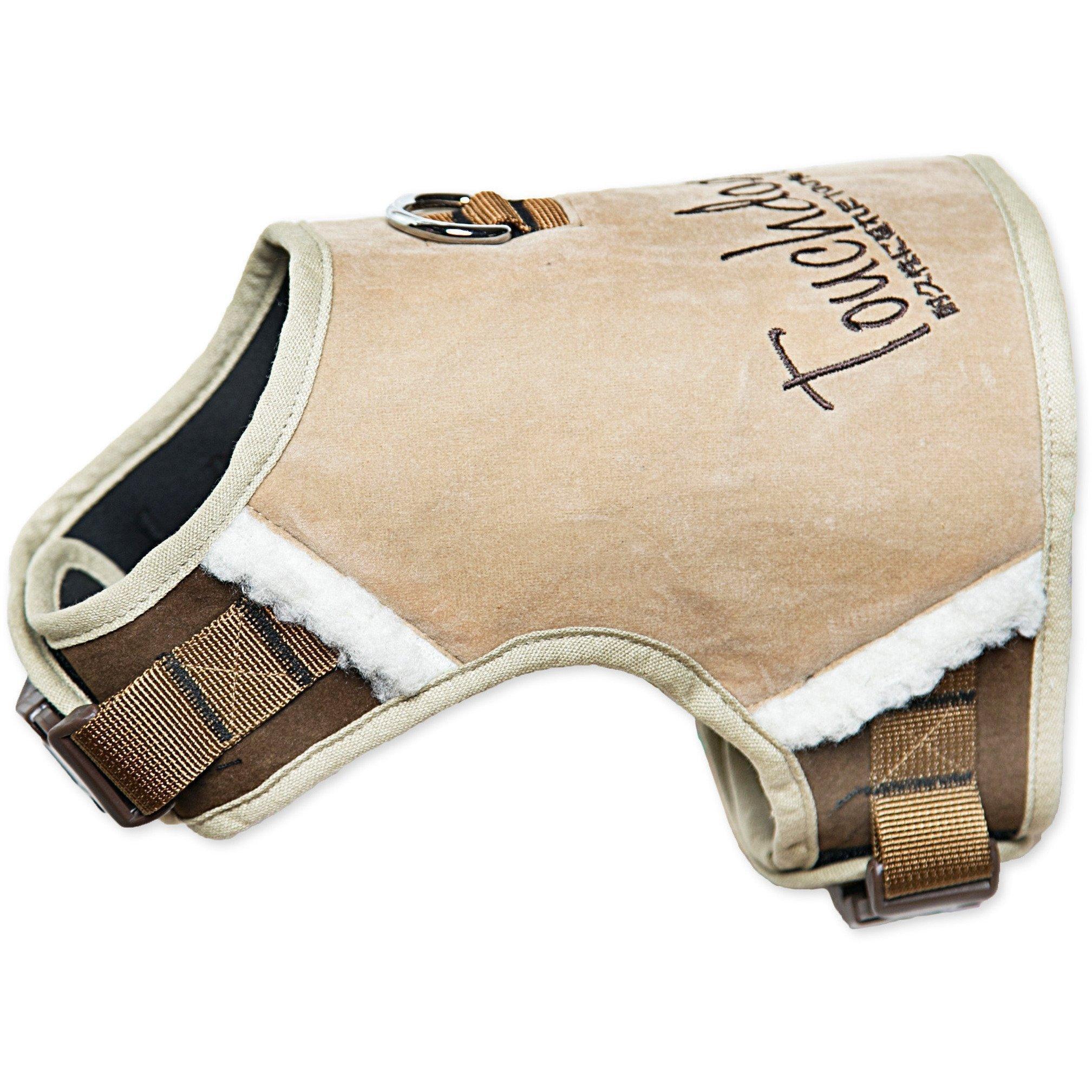 Light sand brown 2-in-1 dog harness with leash, plush trim, adjustable straps
