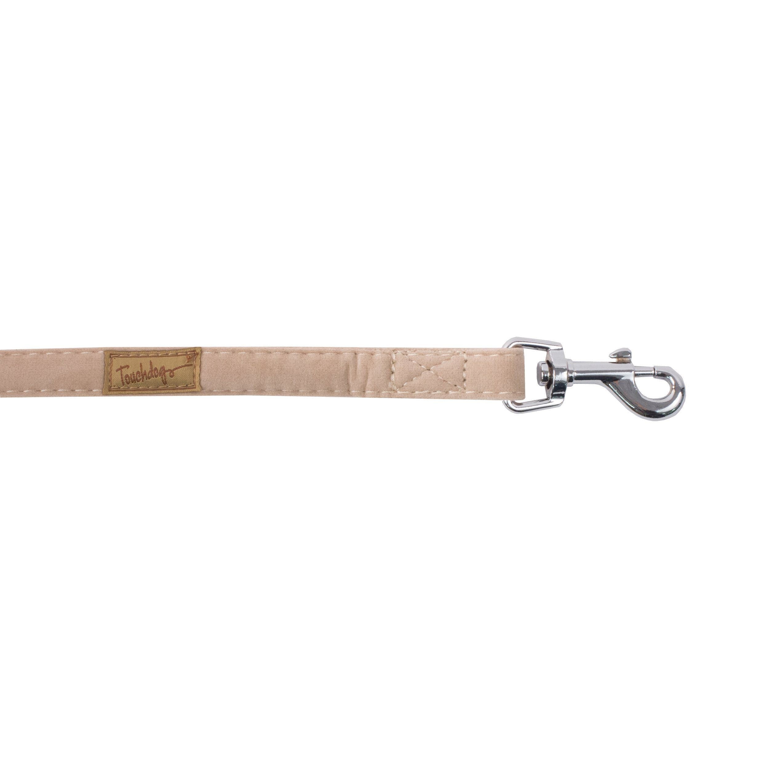 Beige adjustable dog leash strap with metal snap hook and logo tag