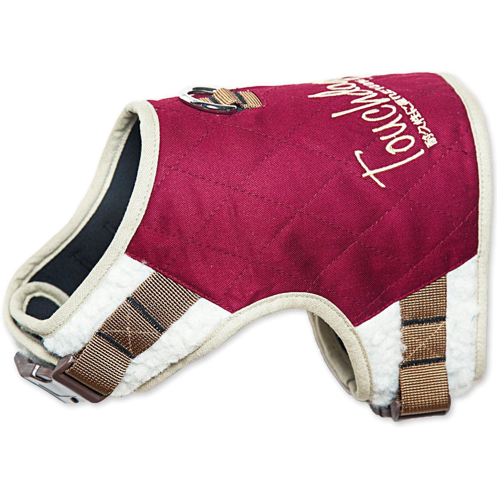 Dark pink 2-in-1 dog harness with leash, plush trim, adjustable straps and clips