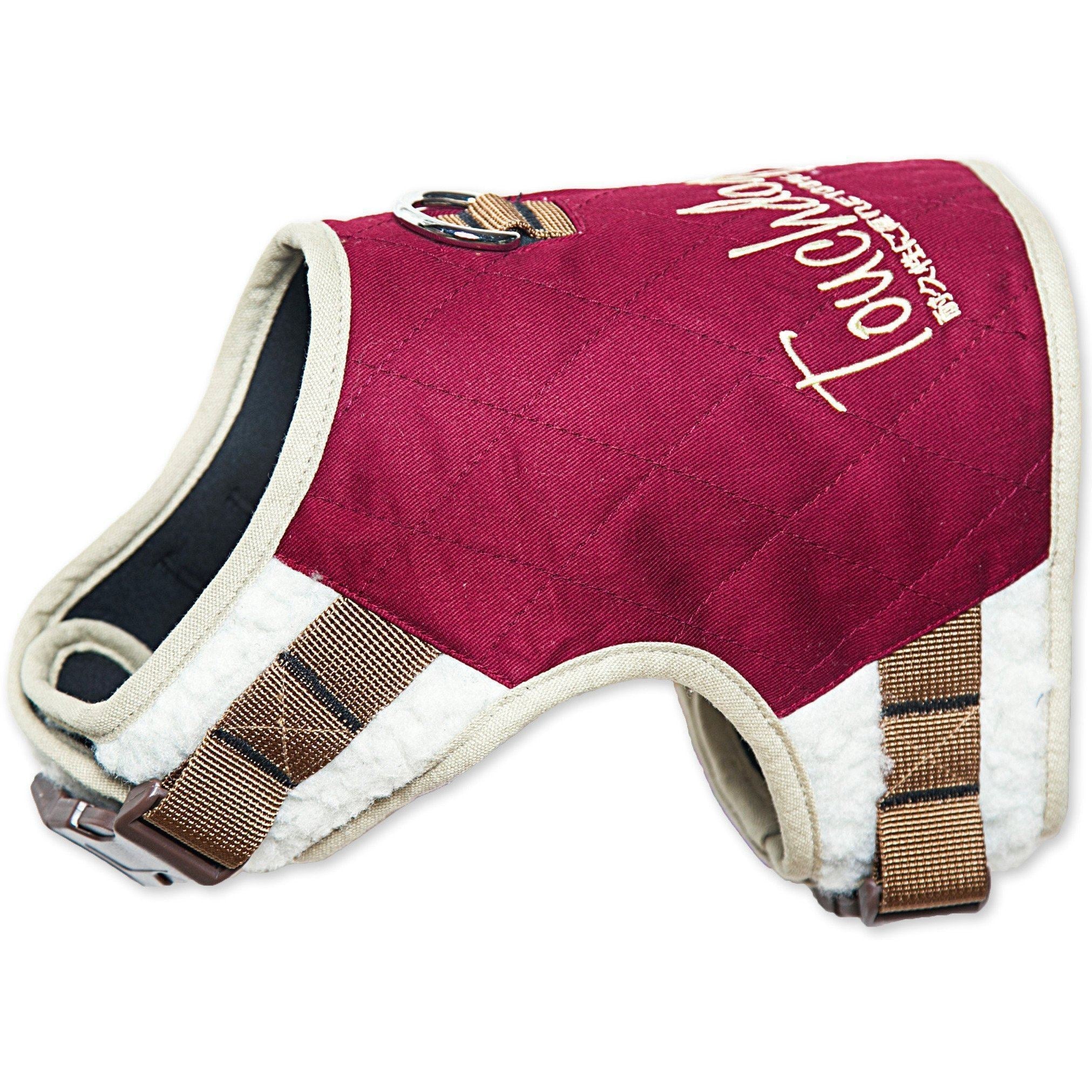 Dark pink 2-in-1 dog harness with leash, plush trim, adjustable straps and clips