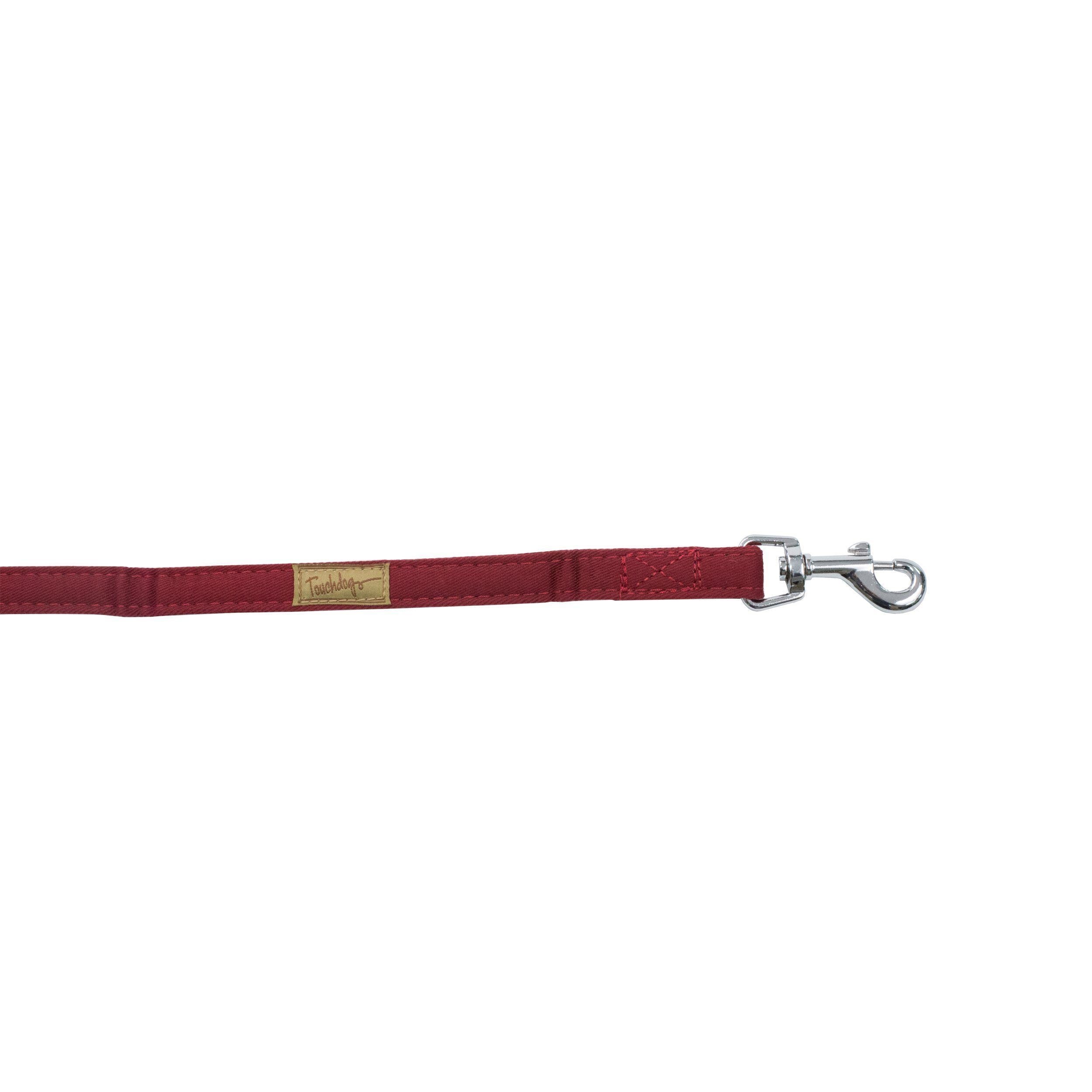 Burgundy adjustable dog leash strap with metal snap hook and logo patch