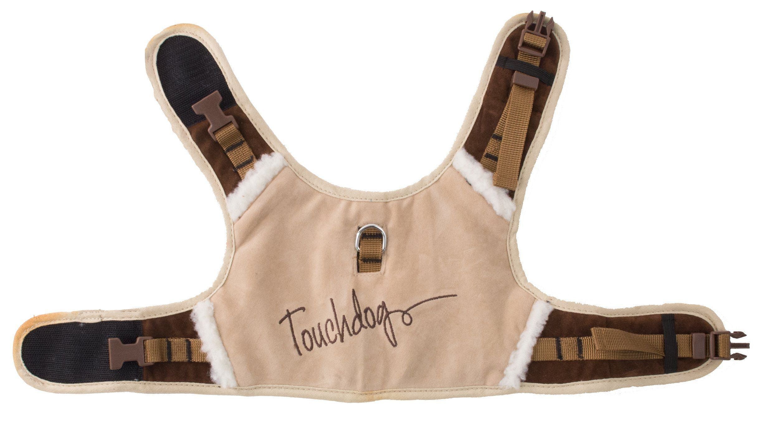 Beige 2-in-1 dog harness with faux-fur trim, logo panel, and chest buckle