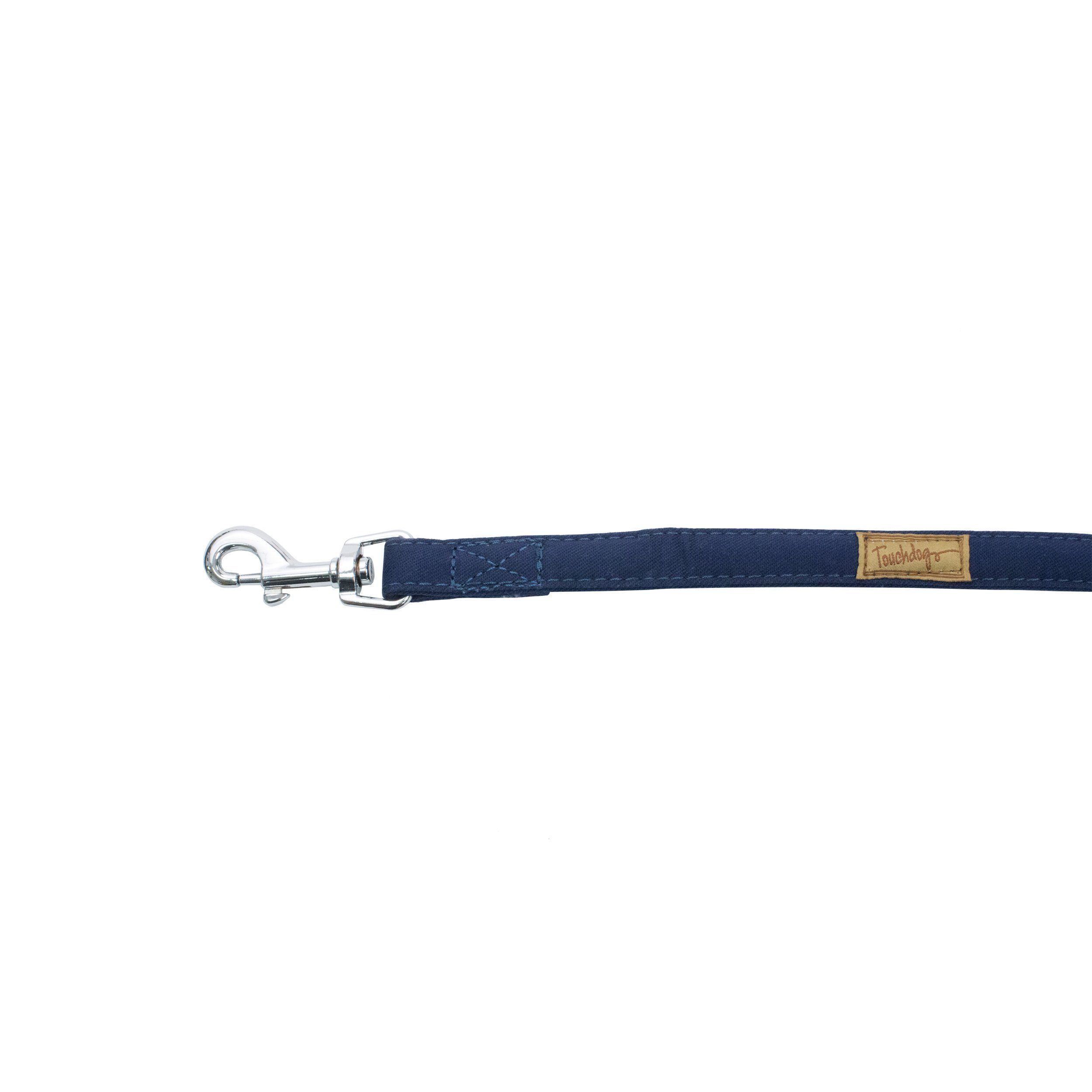Royal blue adjustable dog leash strap with metal snap hook and logo tag