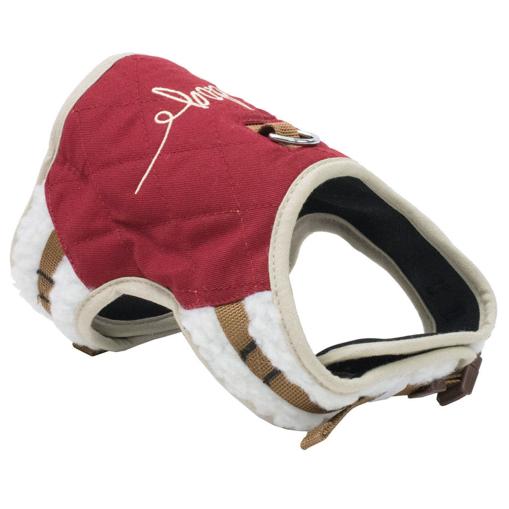 Dark pink dog harness with plaid trim and leash loop, adjustable 2-in-1