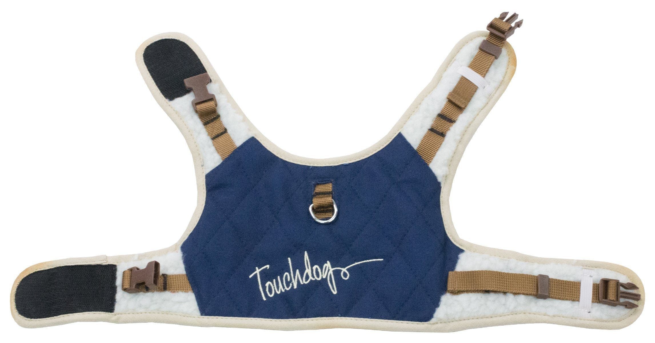 Blue dog harness with faux-fur lining, tan buckles, and chest logo panel