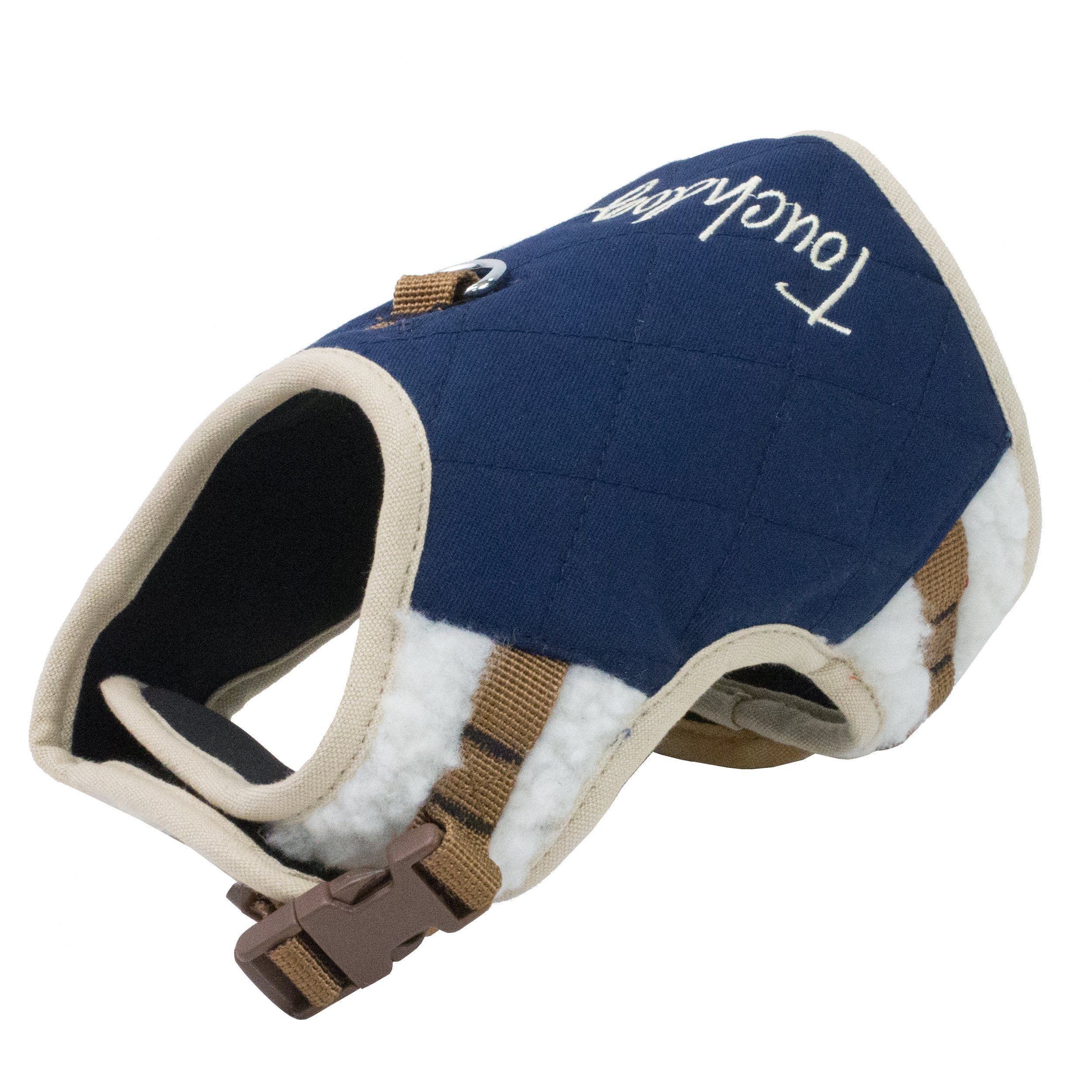 Royal blue dog harness, side view with leash ring, plush lining and tan webbing straps