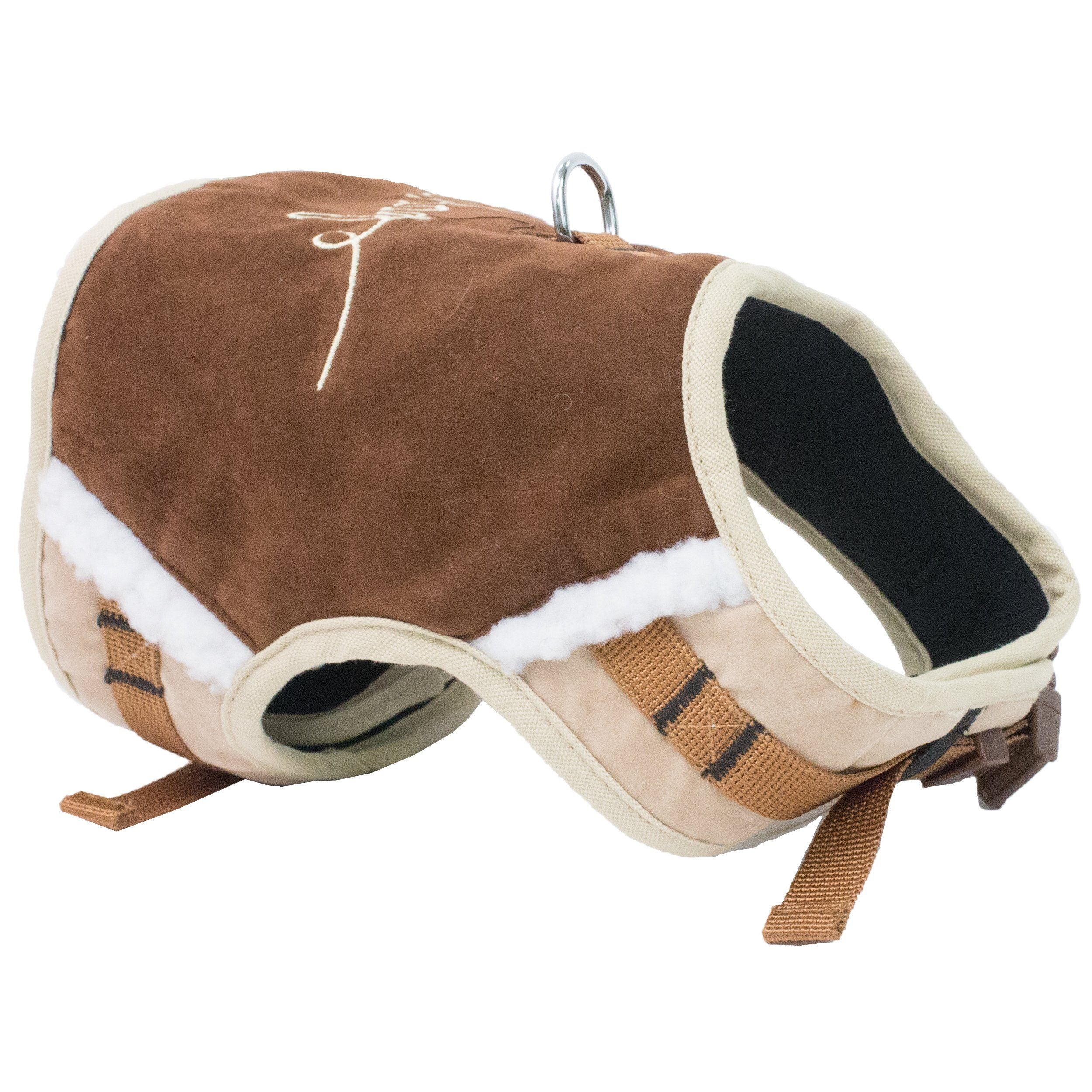 Dark choco brown dog harness with faux-fur trim and tan plaid fabric panels
