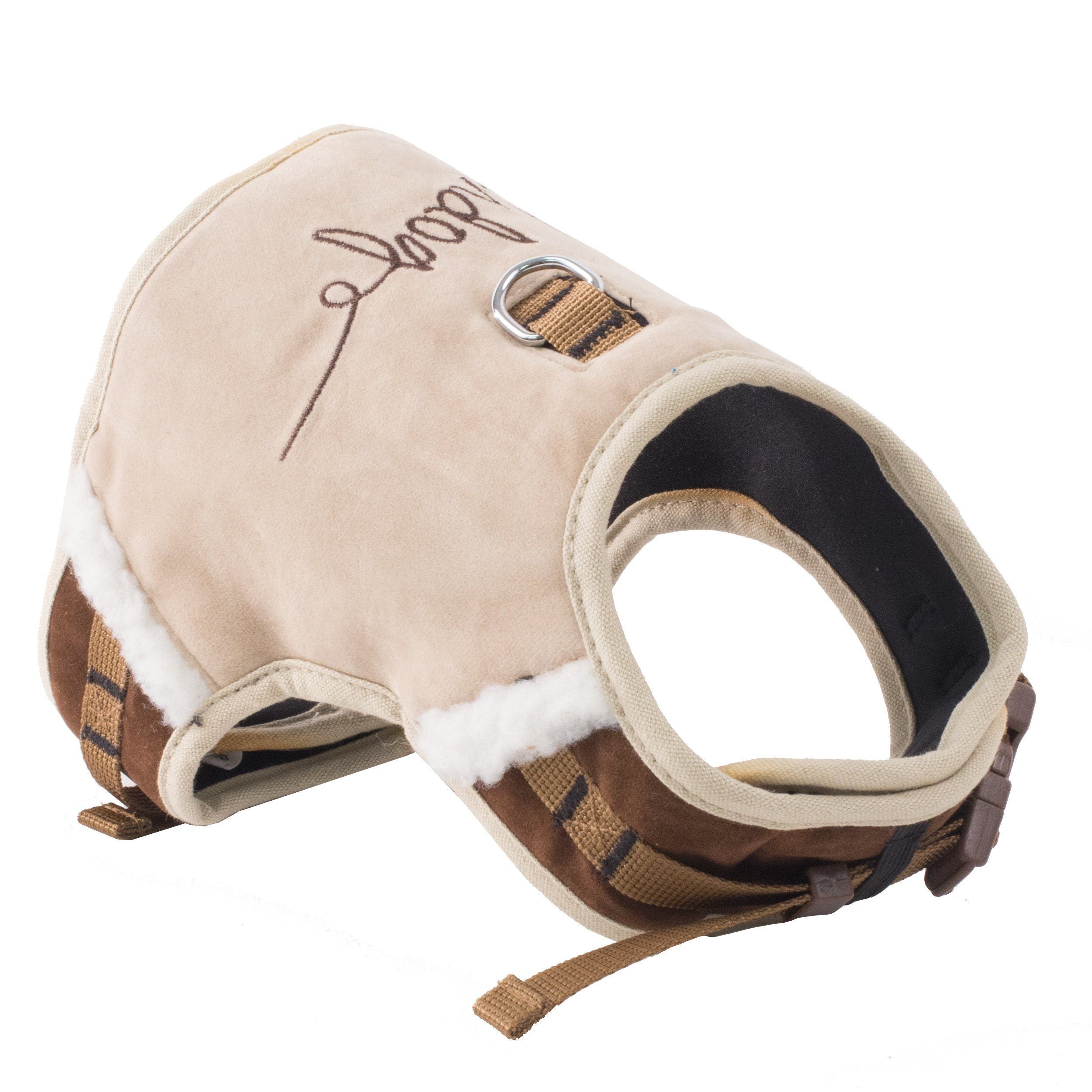 Light sand brown dog harness with plaid accents, adjustable 2-in-1 leash