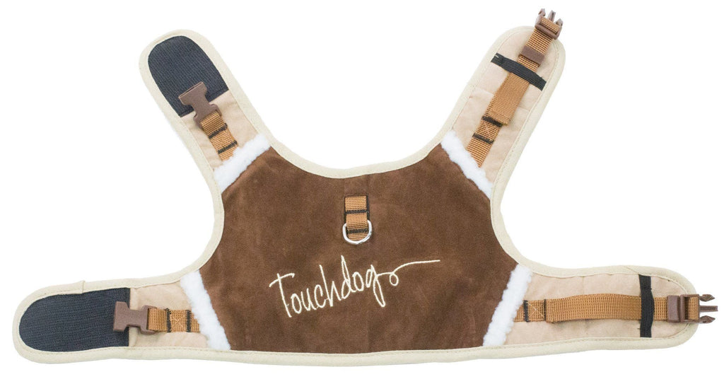 Brown dog harness with faux-fur lining, tan buckles, and chest logo panel